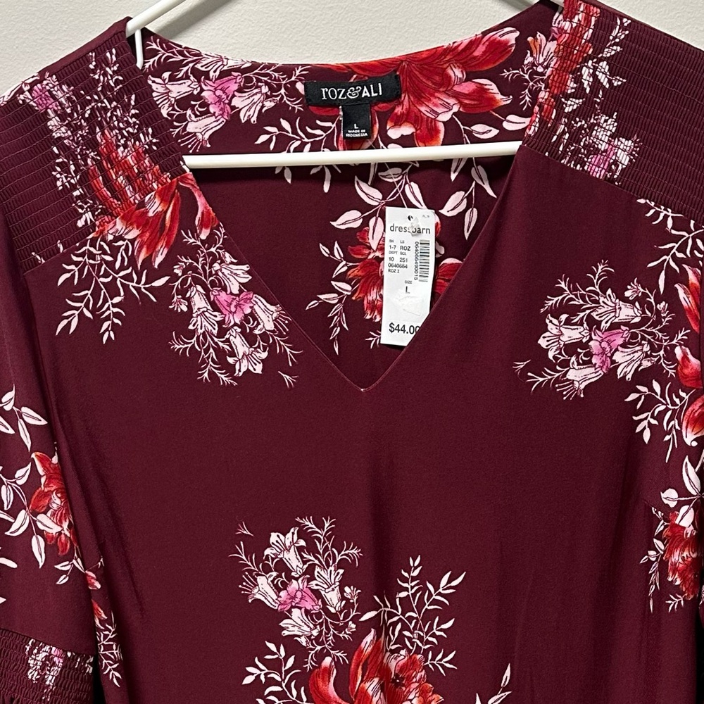 ROZ & ALI size LARGE Burgundy Floral  Dress. - Picture 3 of 7